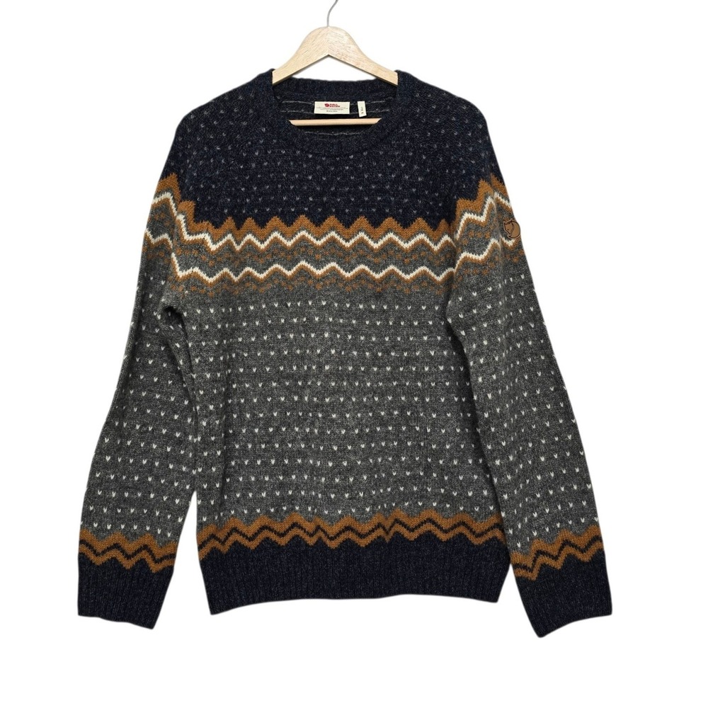 Fjallraven Ovik Knit Sweater Mens Size Medium Navy Grey Wool Fair Isle Nordic